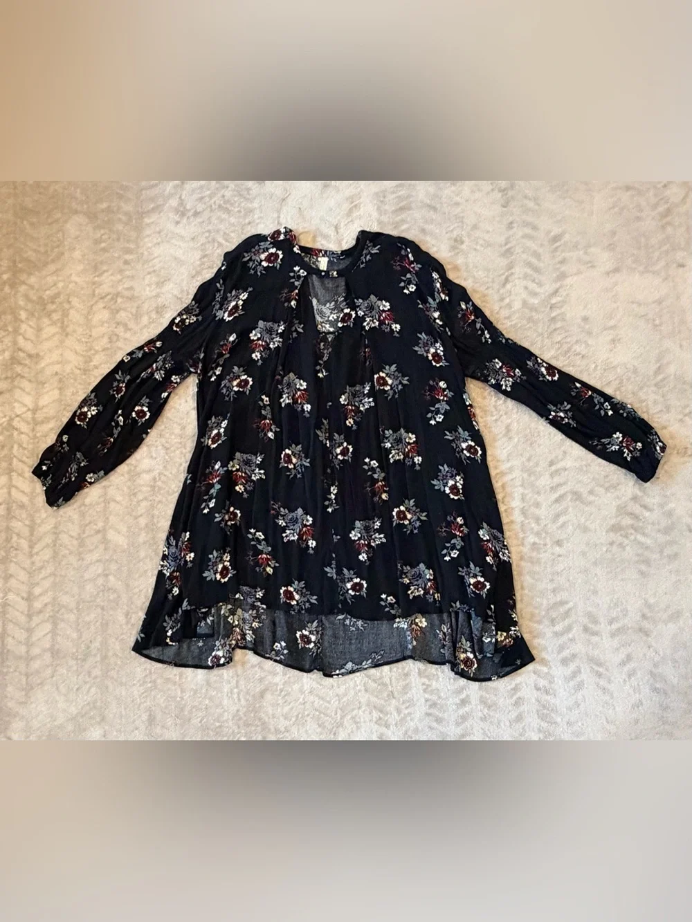 Free People Relaxed Black Floral Keyhole Boho Tunic Mini Dress Size Medium